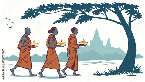 Buddhist monks walking with candles in orange robes tree