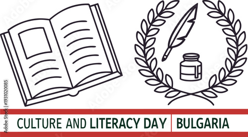 Culture and literacy day bulgaria set with book feather inkwell