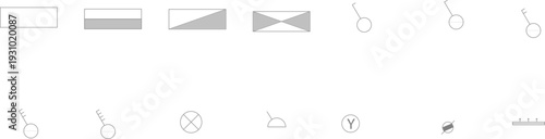 Technical vector drawings of building elevations, floor plans, office furniture, bathroom fixtures, landscape symbols, and electrical CAD notations.