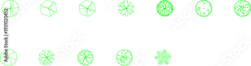 Technical vector drawings of building floor plans, high-rise elevations, office furniture layouts, landscape tree symbols, and interior top views.