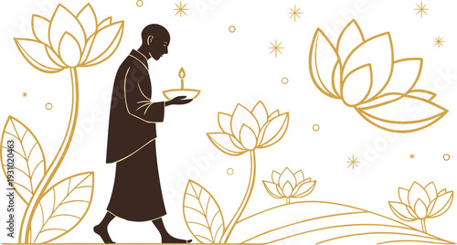 Visak Bochea Day monk walking with candle surrounded by lotus flowers gold