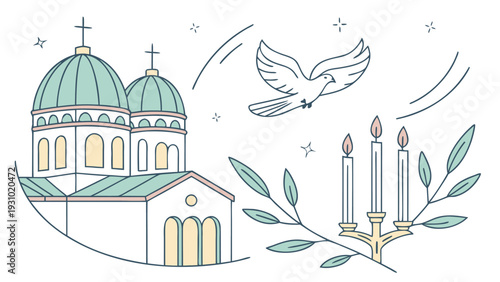 White church with green domes and cross, dove flying above candelabra with leaves