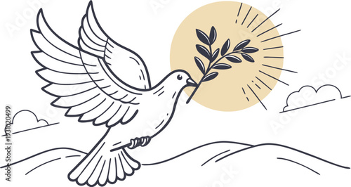 White dove carrying olive branch in beak with sun and clouds peace