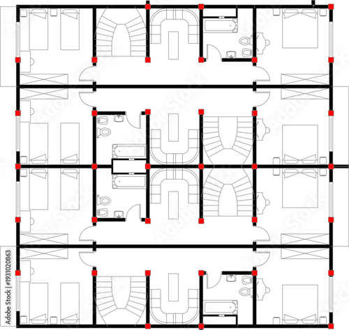 Technical vector drawings for interior design, including kitchen appliances, cutlery sets, dining layouts, and balustrades.