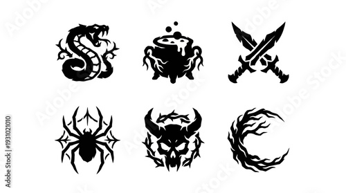 Showcase of Six Black Symbolic Icons – Snake, Crab, Dagger, Spider, Skull – Arranged on White Surface in Flat Graphic Illustration