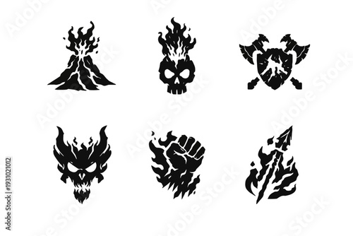 Displaying six dark graphic symbols of a demon hood, flaming skull, shield with axe, horned face, fiery fist, and sword blade in a studio frontal view