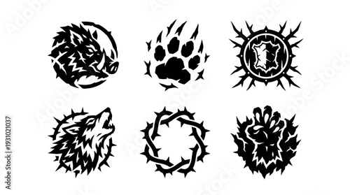Close-up view of six black-and-white logos in two rows, featuring a wolf head, paw print, sun, thorn circle, and handprint on stark white background