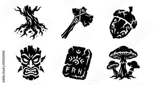 A close‑up view of six primitive black‑and‑white illustrations arranged on a white surface, featuring a tree root, bow, heart, face and book