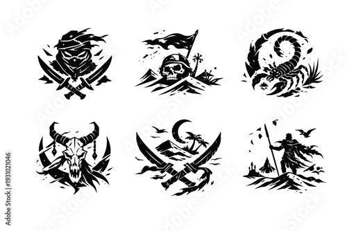 Showcasing Six Black‑White Pirate Illustrations on a Plain Background, Featuring Menacing Heads, Skulls, Waves, Flames, and a Lone Adventurer at Sea