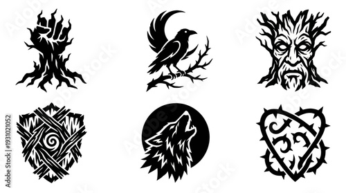 Viewing Six Black‑White Illustrations of Tree, Bird, Face, Shield, and Wolf in a Minimalist Gallery Layout from a Straight‑On Perspective