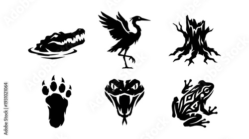 Bold Black Silhouette Set Showcasing Crocodile, Bird, Tree Stump, Paw Print, and Snake Heads in Minimalist Graphic Design Front View