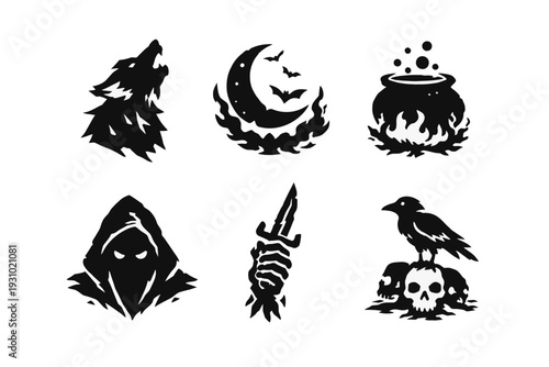 Halloween silhouette set with howling wolf, crescent moon, bubbling cauldron, ominous dagger and perched crow in two rows on white backdrop
