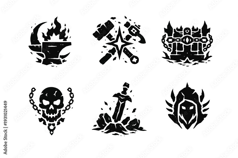 Obraz premium Bold black-and-white industrial emblem set featuring moon, hammer, shield, skull, and pickaxe icons displayed on white background