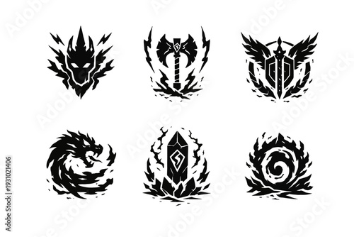 Viewing a curated set of six black-and-white abstract fantasy illustrations arranged in two rows on a plain white surface