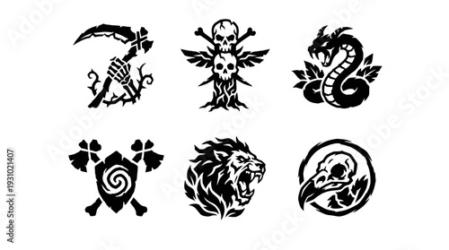 Viewing six bold black‑line tattoo illustrations of creature, dragon, lion, bird, and clover motifs arranged on a white surface in gallery layout