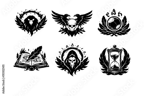 Viewing a curated arrangement of six monochrome logo illustrations displayed on a white surface, captured from a frontal perspective