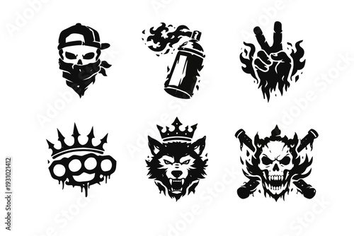 Close‑up view of black‑white icons showing a skull with cap, spray can, peace‑hand, spiked knuckleduster and crowned wolf head on white backdrop