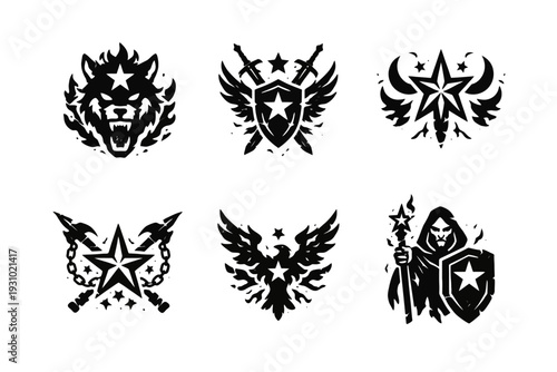 Viewing a bold black-and-white graphic design collection featuring lion, shield, star, wing, and hooded figures arranged on a white backdrop