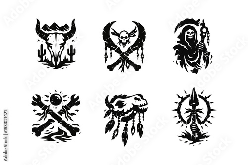 A frontal view of six black‑and‑white death-themed illustrations featuring skull, horns, reaper, feathers, and sun motifs on plain white background