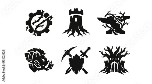 Balanced display of fantasy adventure icons featuring pickaxe, castle, bird, bear, and tree silhouettes arranged in two rows on a stark white canvas