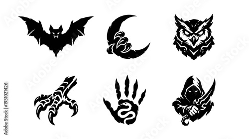 Mysterious Night Scene Showcasing Bat, Owl, Claw, Snake, and Hooded Figure Silhouettes Arranged in Two Rows on White Background