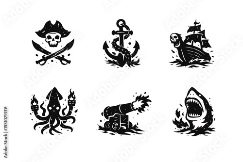 Dynamic pirate illustration set featuring skull, anchor, ship, octopus, and shark in bold black-and-white graphic style, viewed from a flat perspective