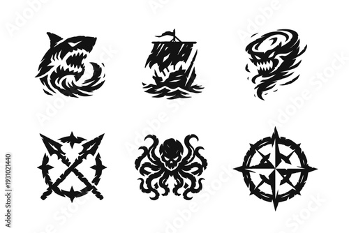 Dynamic Black‑and‑White Tattoo‑Style Graphic Set Featuring Sharks, Ship, Daggers, Octopus and Star Arranged in Two Rows on White Canvas