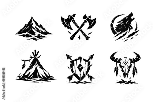 Bold Tribal Illustrations of Mountain, Tomahawk, Wolf, Teepee, Shield, and Bison in Black-and-White Style, Front View