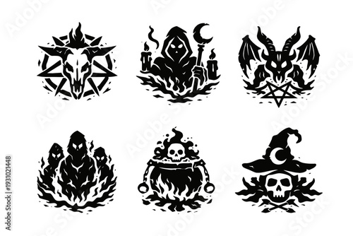 Displaying a set of six bold black‑and‑white illustrated icons featuring skulls, hooded figures, and mystical symbols arranged in a two‑row layout