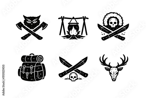 Bold black‑line illustration set showing a cat head with axe, a hanging gallows, a skull with sword, a backpack, and a deer skull with antlers