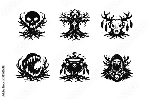 Viewing a Dark Black‑And‑White Illustration Set Showcasing a Grinning Skull, Gnarled Tree, Eerie Face, Ferocious Mouth, and Mystical Cauldron