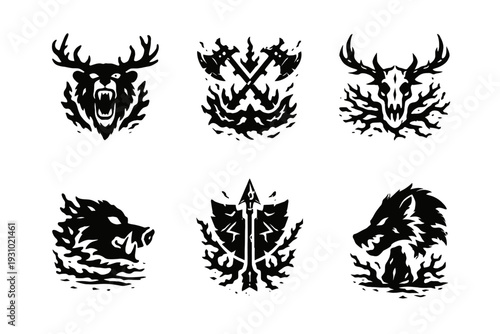 Front‑view display of six bold black silhouettes featuring deer heads, wolf heads, and an abstract design on a white backdrop