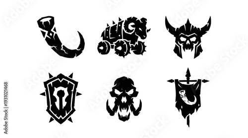 Straight-on view of six monochrome logo designs in two rows on a plain backdrop, featuring a curved horn, gear, horned mask, shield, skull and flag