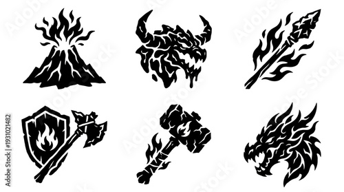 Close-up view of stylized flame, horned creature head, spear, shield with torch, hammer and flame graphics arranged in two rows on white background