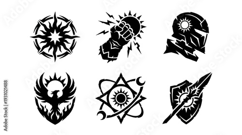 Frontal view of six black‑and‑white logos and symbols—compass, fist, helmet, bird, shape, and shield—arranged in two rows on a plain white backdrop