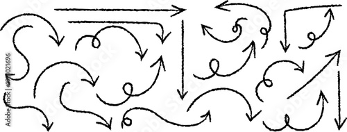 A complex network of arrows and curved lines in a black and white image