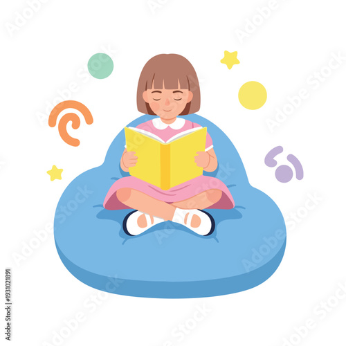 A cute cartoon girl sitting cross-legged on a blue beanbag chair, reading a yellow book surrounded by colorful stars and symbols against a clean white background.
