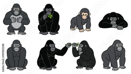 Illustration of various primate species in different poses and activities, showcasing monkey behavior and interaction in a simple graphic style