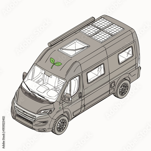 Sustainable camper van with solar panels, an isometric line art illustration. Eco-friendly vehicle for green travel, adventure, and modern van life.