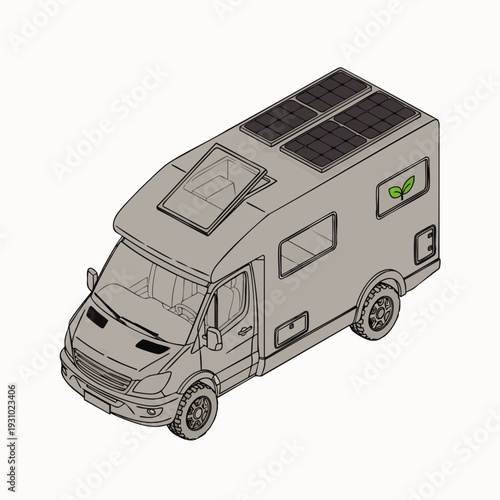 Eco-friendly camper van with solar panels on roof, an isometric line art illustration representing sustainable travel, renewable energy, and off-grid adventures.