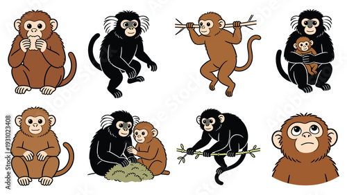 Various primates engage in different activities and poses in a diverse element pack showcasing monkeys