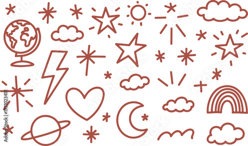 Doodle Elements of Celestial Bodies and Weather vector