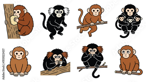 Various primate species in different poses and activities depicted in a vector illustration element pack.