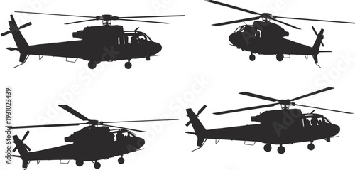 Four Silhouette Helicopters Different Angles aviation