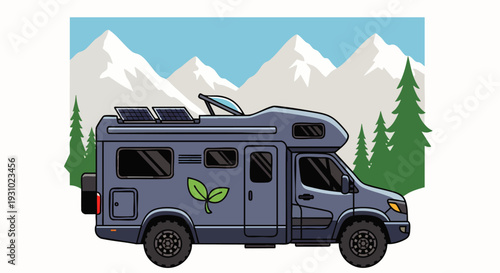 Eco-friendly camper van with solar panels parked in a scenic mountain landscape, symbolizing sustainable travel and outdoor adventure.