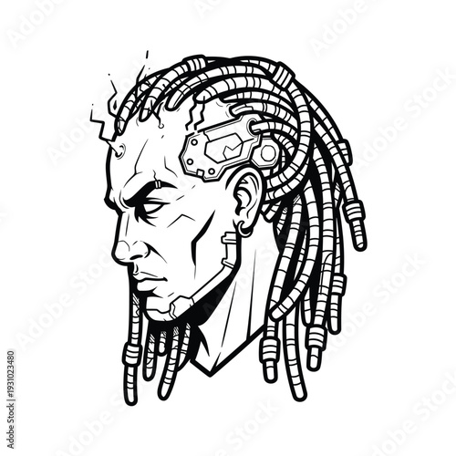 Cyberpunk Male Profile with Wired Dreadlocks - Sci-Fi Cyborg Head Vector Art