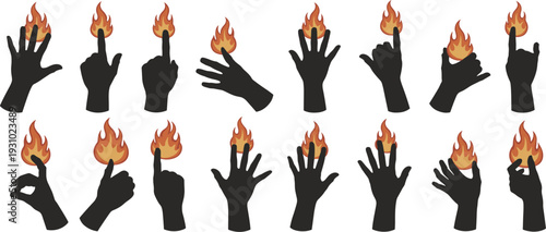 Hands Holding Fire Silhouettes Keywords: hand, fire, flame, silhouette, holding, gesture, magic