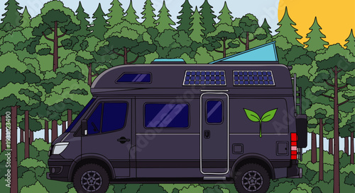 Eco-friendly camper van with solar panels parked in a lush green forest, promoting sustainable travel and outdoor adventure in nature. Flat design illustration.