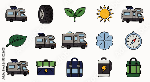 Camping and RV Travel Icon Set: Sustainable outdoor adventure with solar panel camper vans, nature elements, navigation tools, and essential gear.