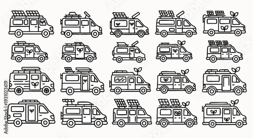 Pixel art camper van icons set. Diverse RVs with solar panels, perfect for eco-friendly travel, road trips, and sustainable outdoor adventures.